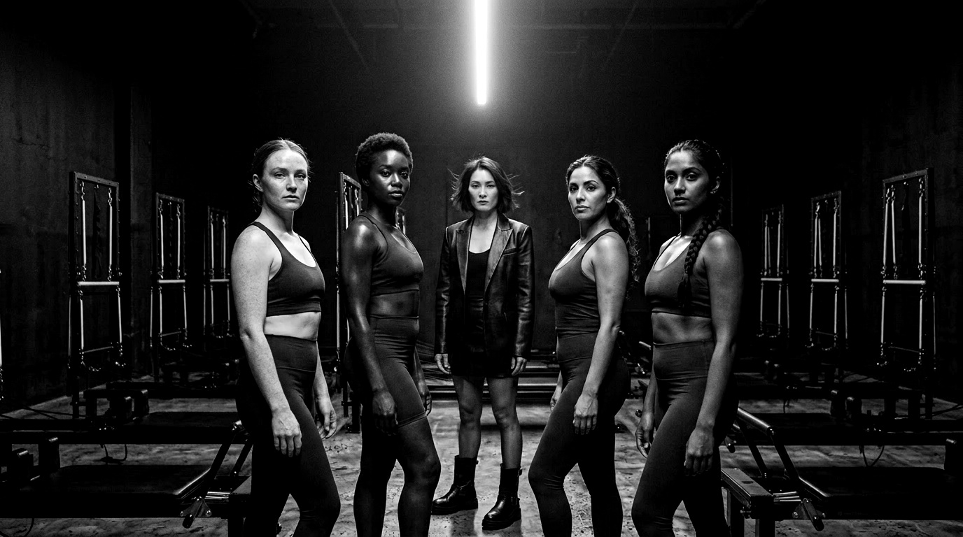 Five Pilates instructors in a dark studio