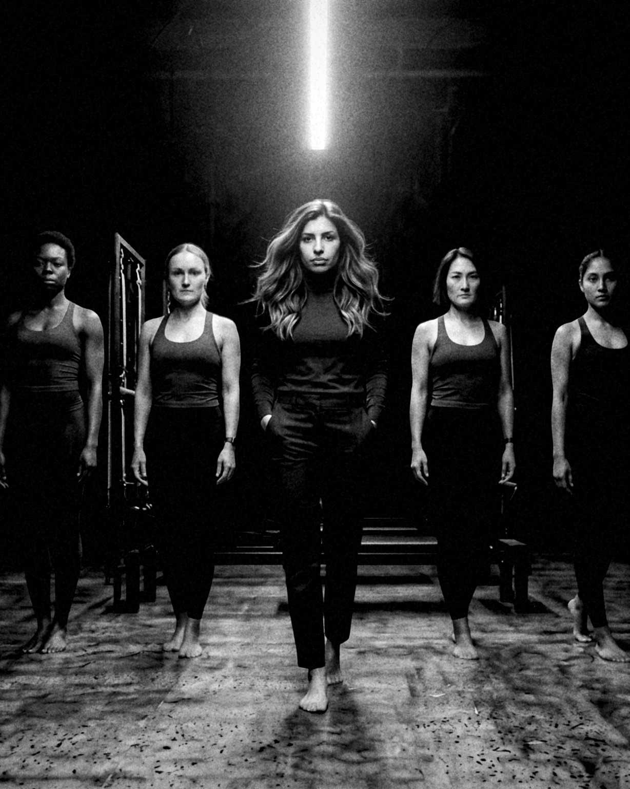 Sana Badhwar leading a formation of Pilates instructors in a dark studio